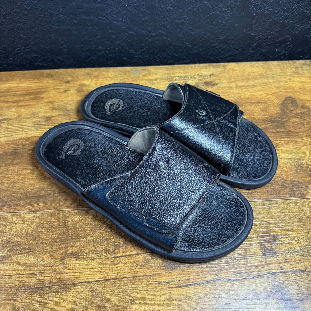OluKai Ohana Nalu 10137-4040 Black Leather Slide Sandals Mens Size 13